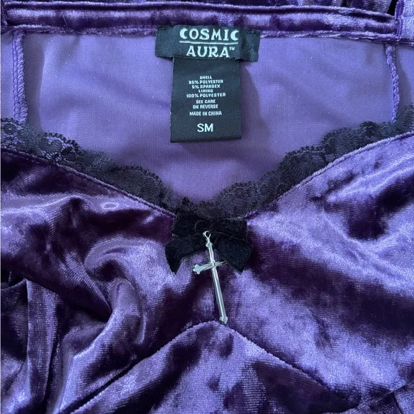 Cosmic Aura Purple Velvet Slip Dress Black Lace And Cross Detail Whimsygoth Sz S - Picture 6 of 11